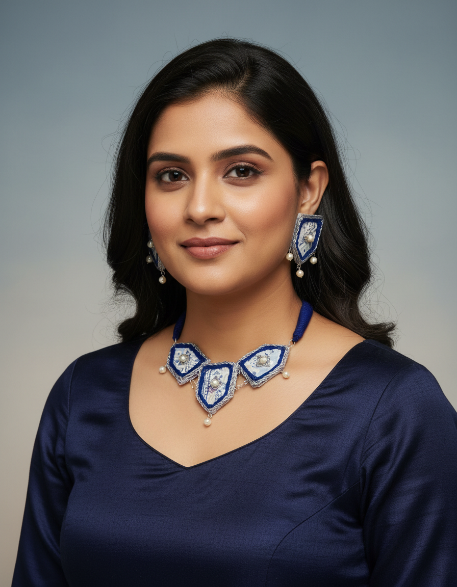Half Diamond shape Blue and White Chokar set