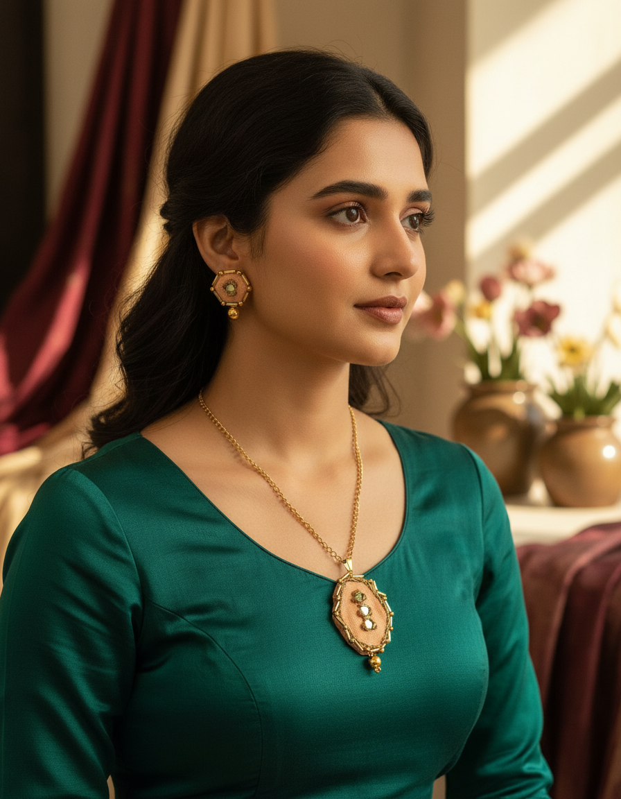 Peach And Golden Pendant Set With Earrings