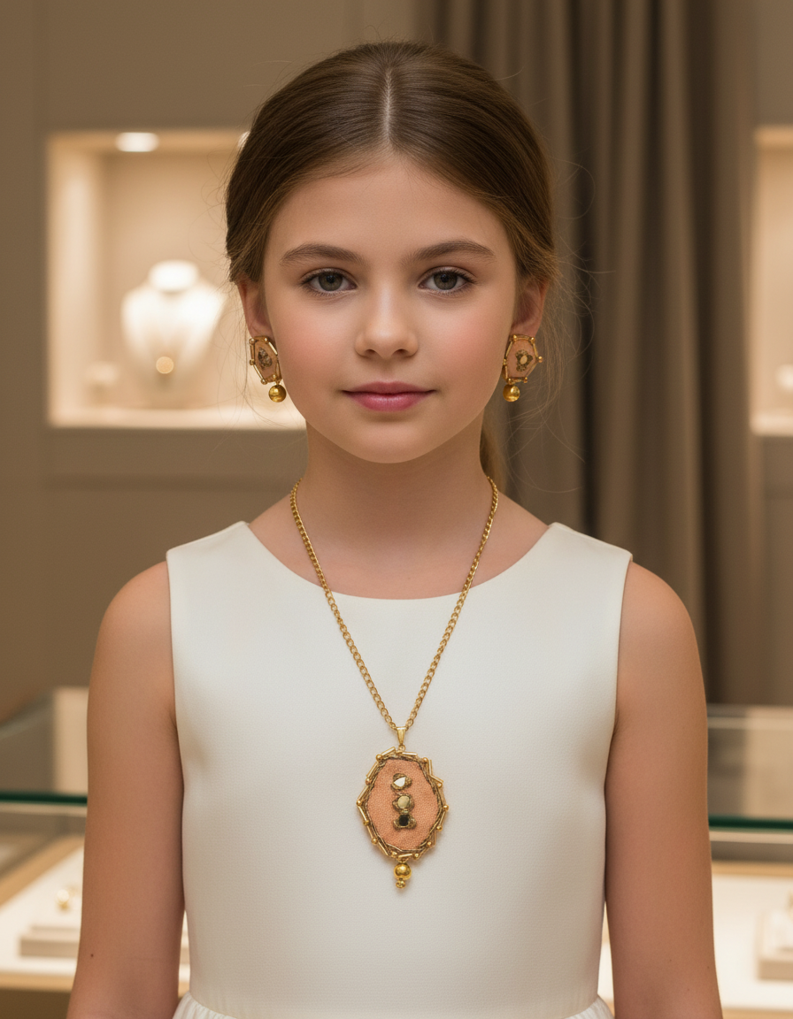 Peach And Golden Pendant Set With Earrings