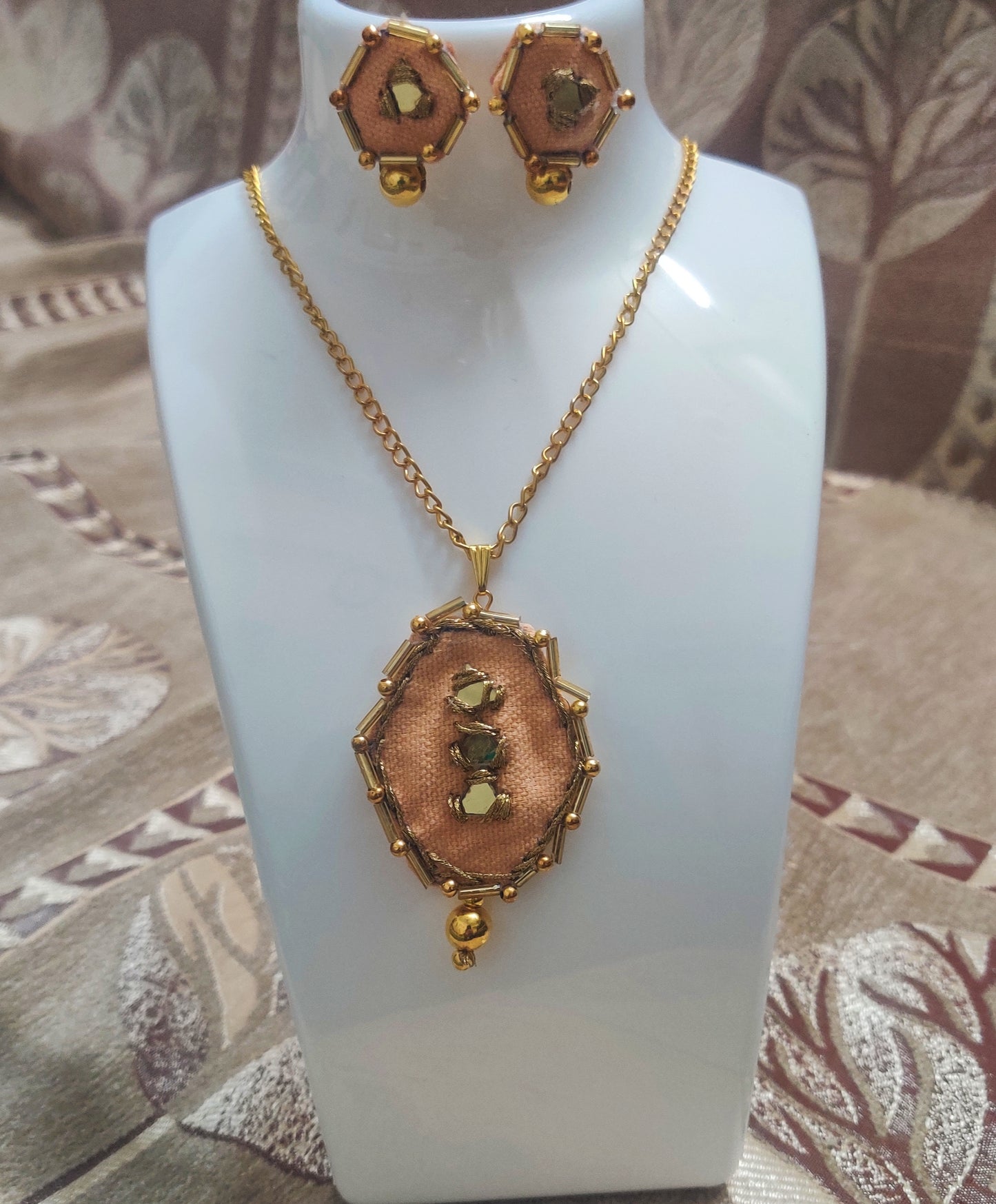 Peach And Golden Pendant Set With Earrings