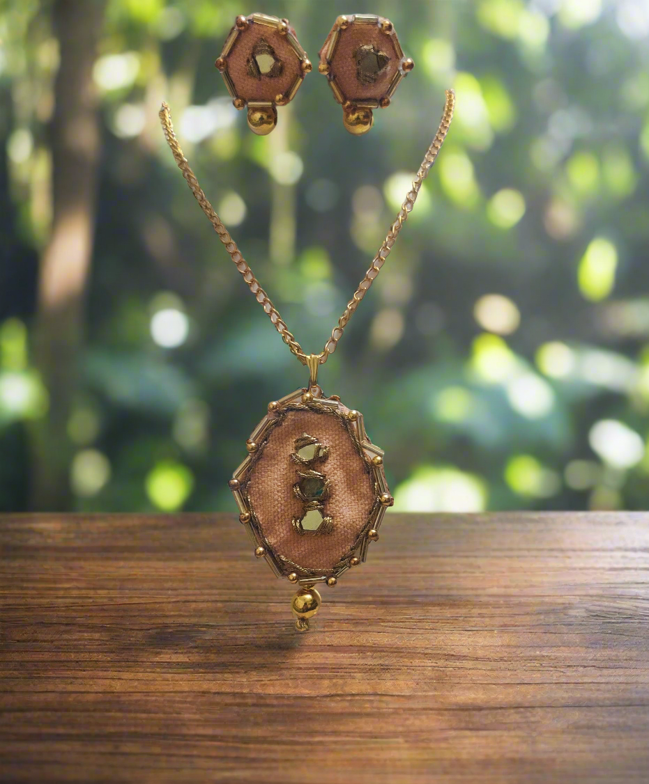 Peach And Golden Pendant Set With Earrings