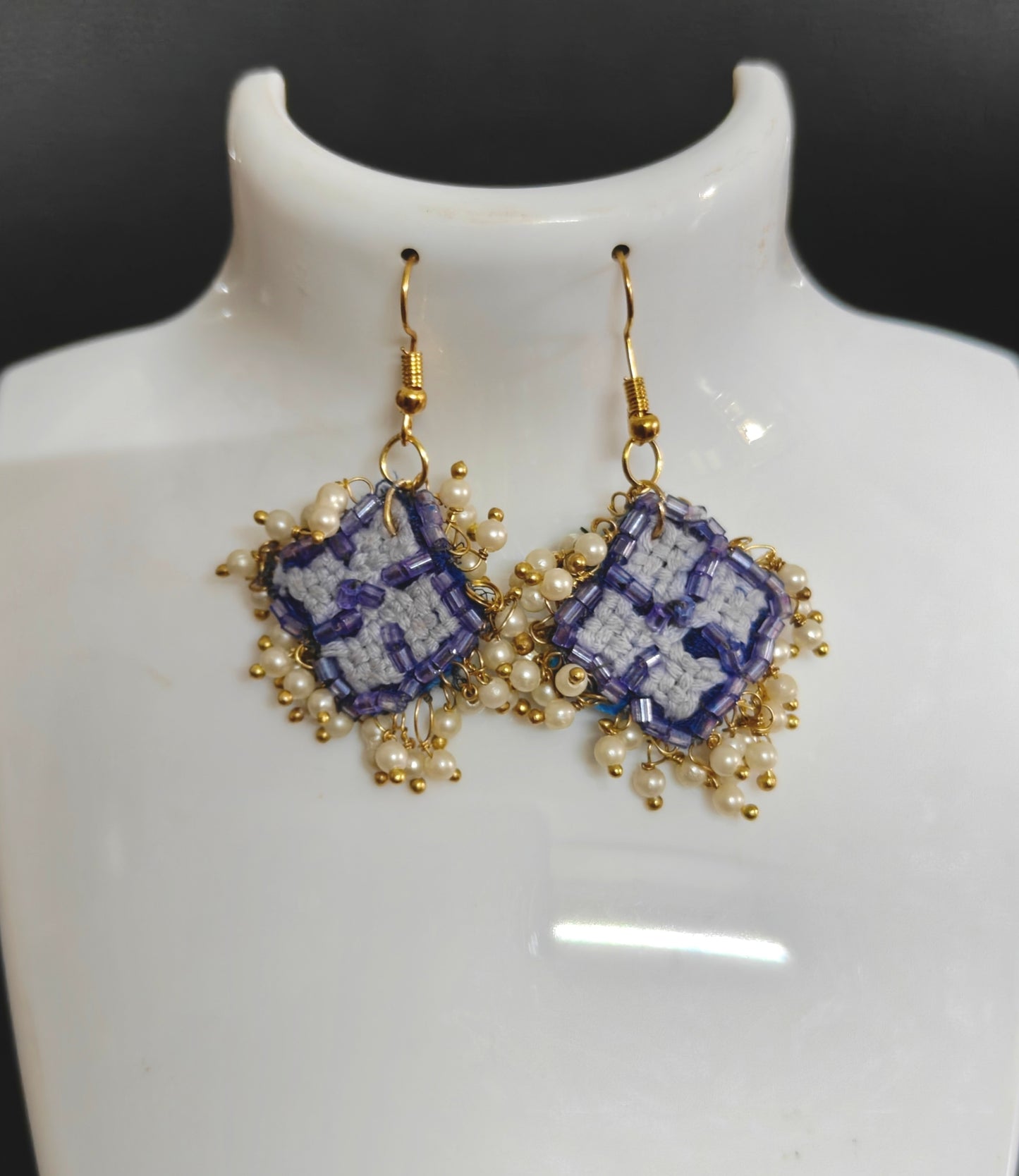 Blue square Hand Embroidery earrings