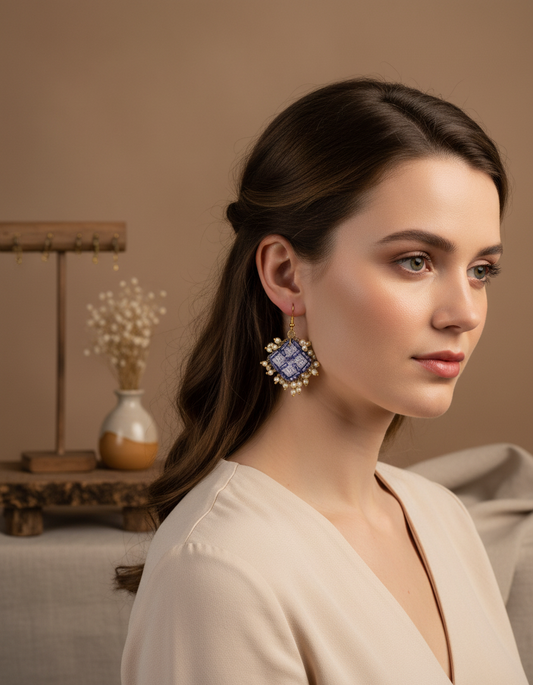 Blue square Hand Embroidery earrings