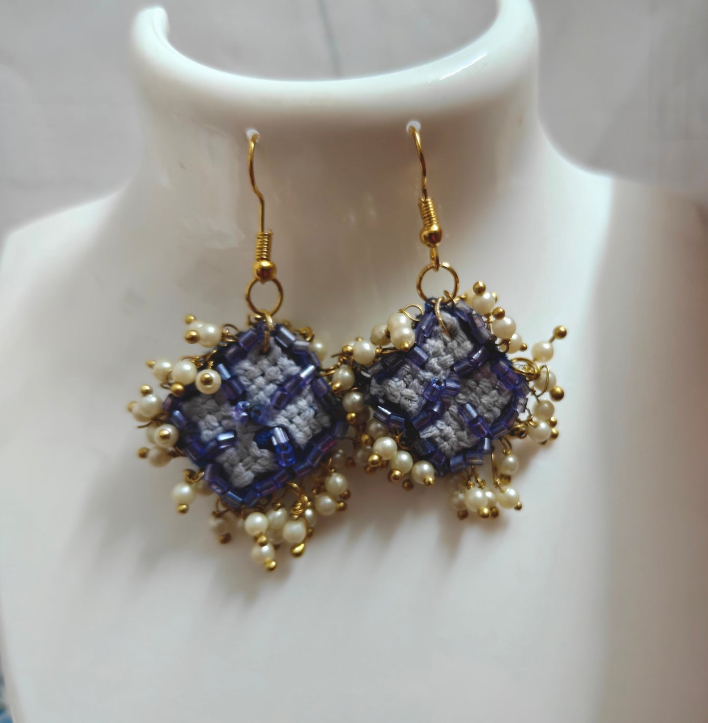 Blue square Hand Embroidery earrings